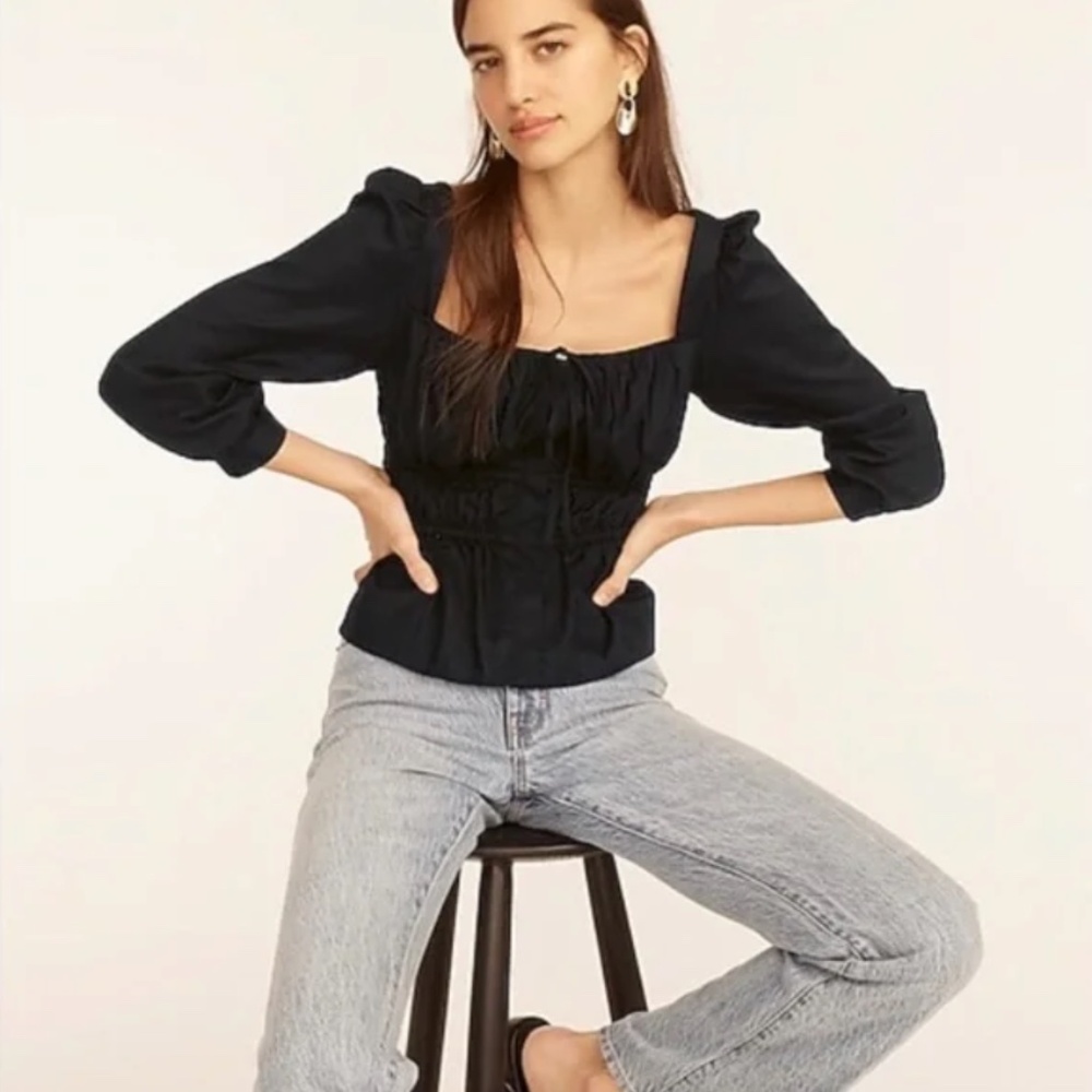 NWT J. Crew Herringbone Cotton Cinched Waist Top Black Size 10